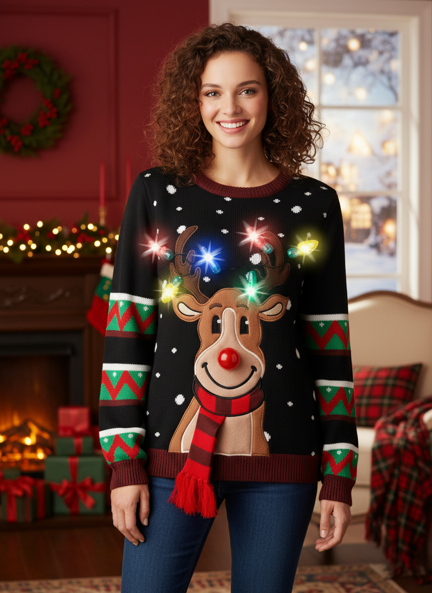 Light Up Black Reindeer Christmas Sweater