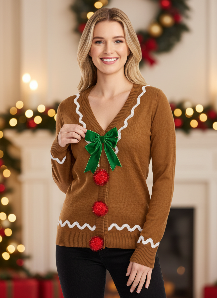 Women's Gingerbread Man Ugly Christmas Cardigan Sweater