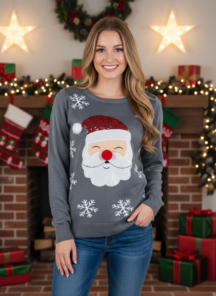 Women's Red Nose Santa Ugly Christmas Sweater