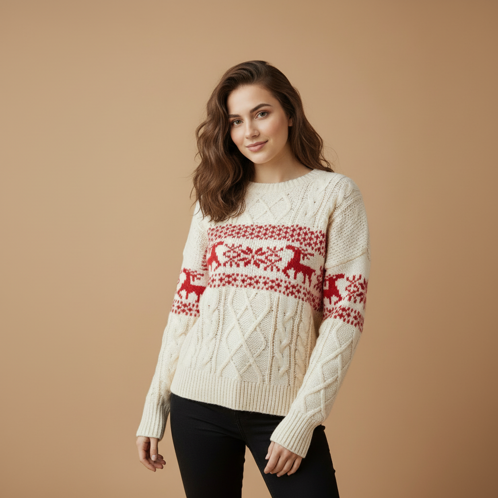 Women’s Cozy Relaxed Knit Reindeer Holiday Sweater