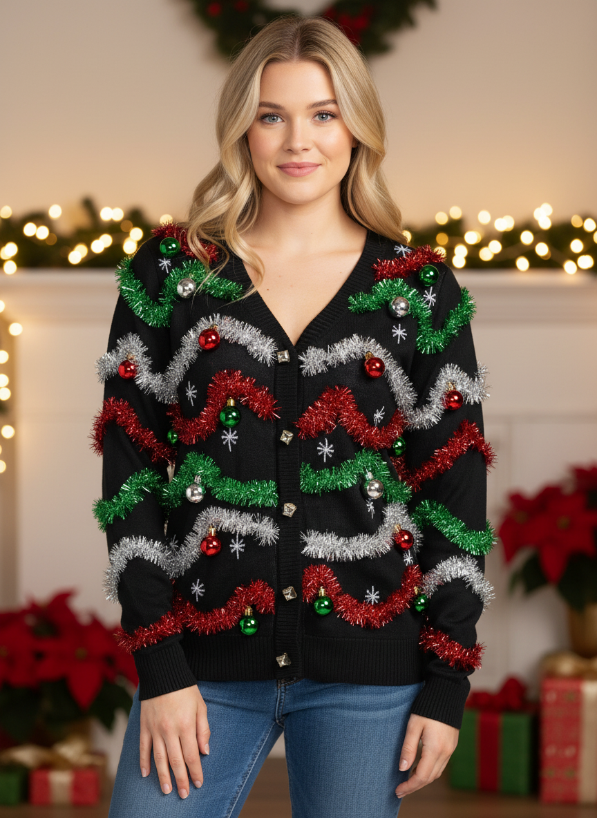Women's Midnight Garland Light Up Christmas Cardigan Sweater