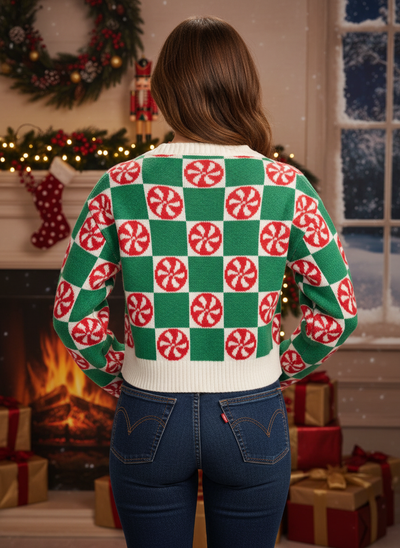 Women's Cozy Knit Checker Mint Cropped Christmas Cardigan Sweater