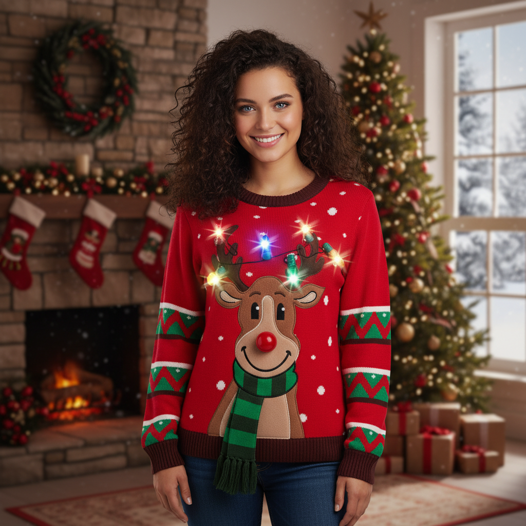 Light Up Red Reindeer Christmas Sweater