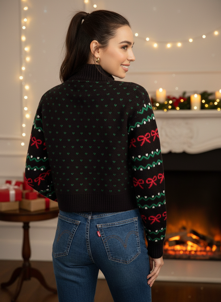 Women's Cozy Knit Rudolph Wreath Cropped Christmas Sweater
